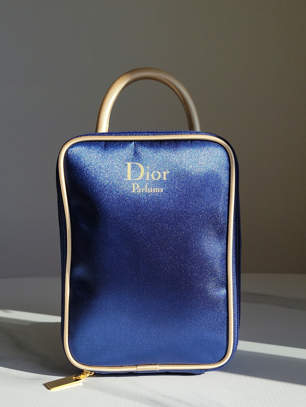 Vintage Dior Navy Satin Cosmetic Travel Case with Gold Trim